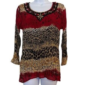 City Girl Nancy Bolen Beaded Leopard Print Tunic Top Womens Size S Red Black Tan